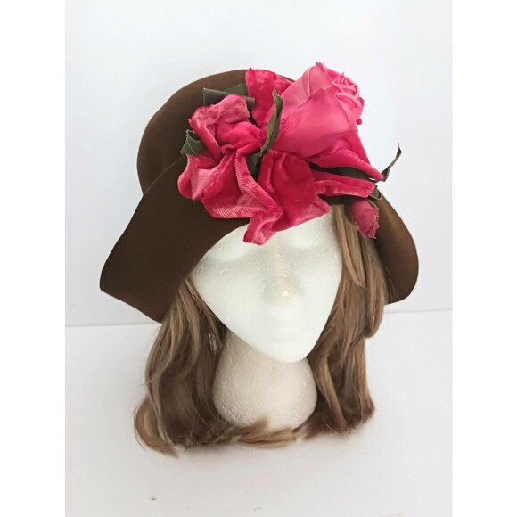 Lylia Giraldo Chocolate Brown Felt Wool Cloche Hot Pink Flower M/L main image 3